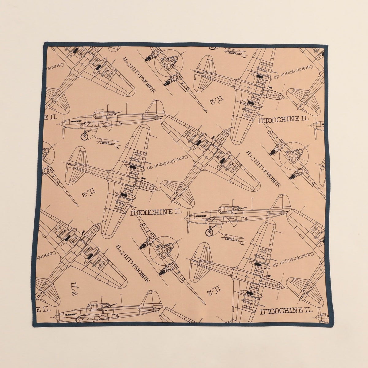 行機柄スカーフ＜ネイビー＞　シルク100%　日本製