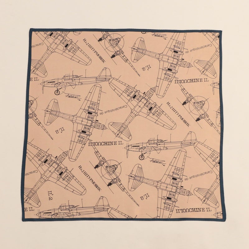 行機柄スカーフ＜ネイビー＞　シルク100%　日本製