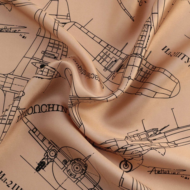 行機柄スカーフ＜ネイビー＞　シルク100%　日本製