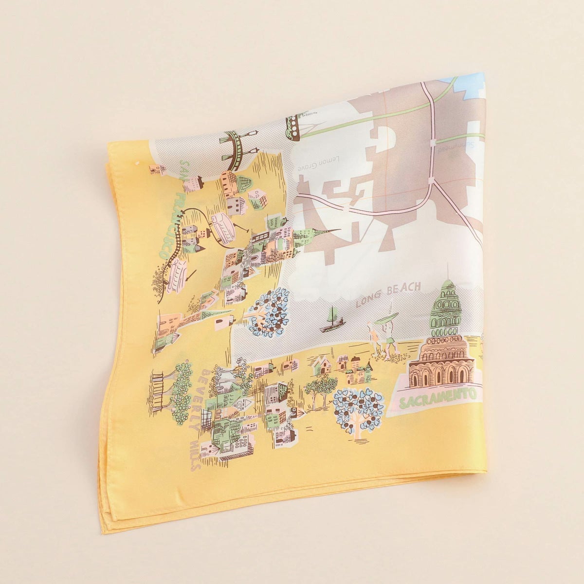 マップ柄スカーフ＜イエロー＞　シルク100%　日本製