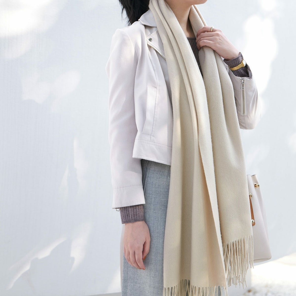【無染色】カシミヤ100%無地ストール＜ホワイト＞