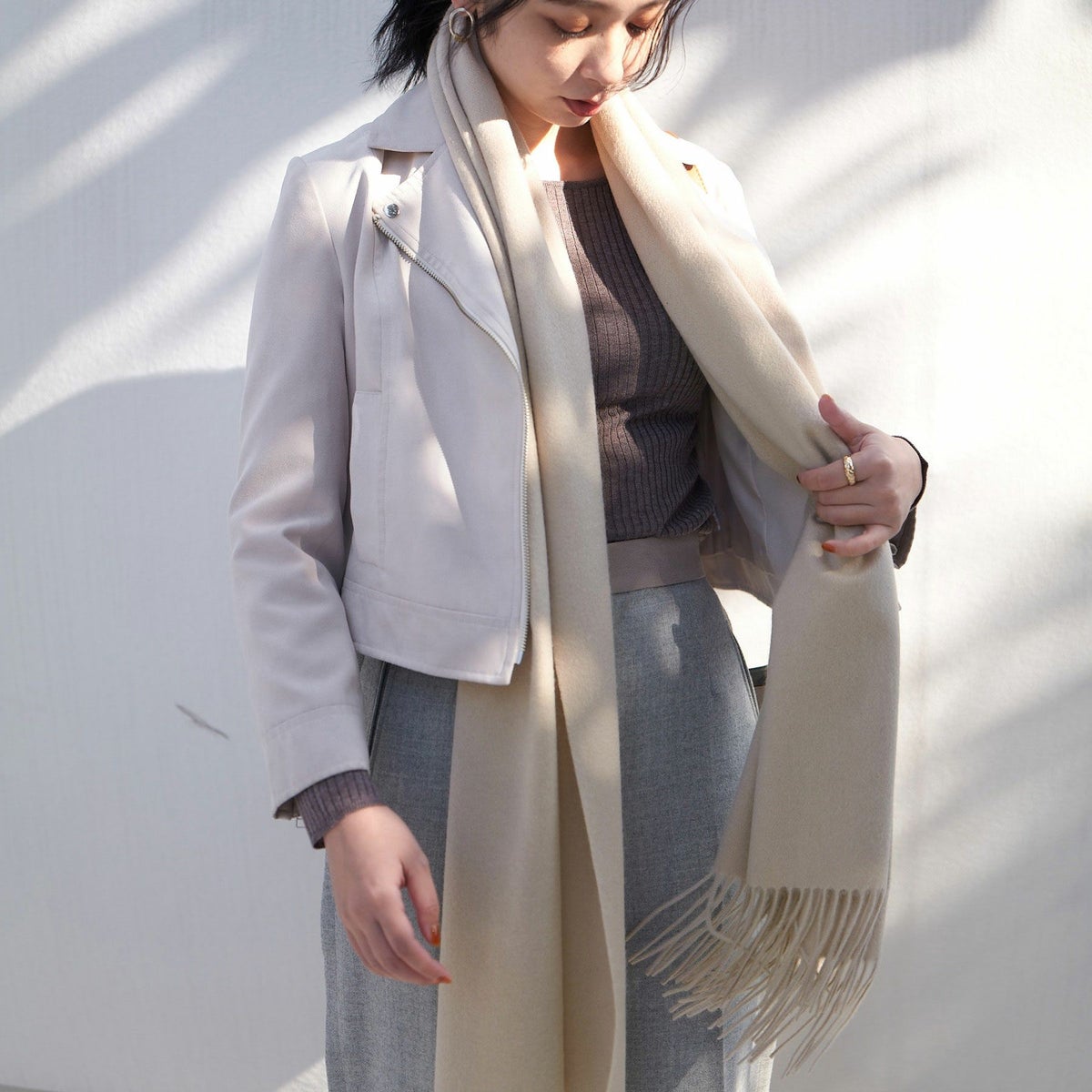 【無染色】カシミヤ100%無地ストール＜ホワイト＞