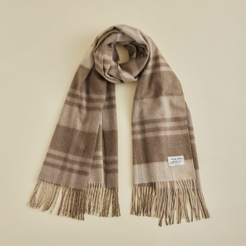 【無染色】カシミヤ100%大判チェックストール＜ブラウンチェック＞