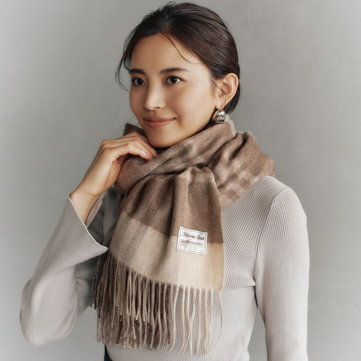 【無染色】カシミヤ100%大判チェックストール＜ブラウンチェック＞