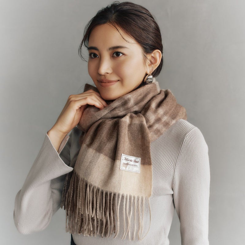 【無染色】カシミヤ100%大判チェックストール＜ブラウンチェック＞