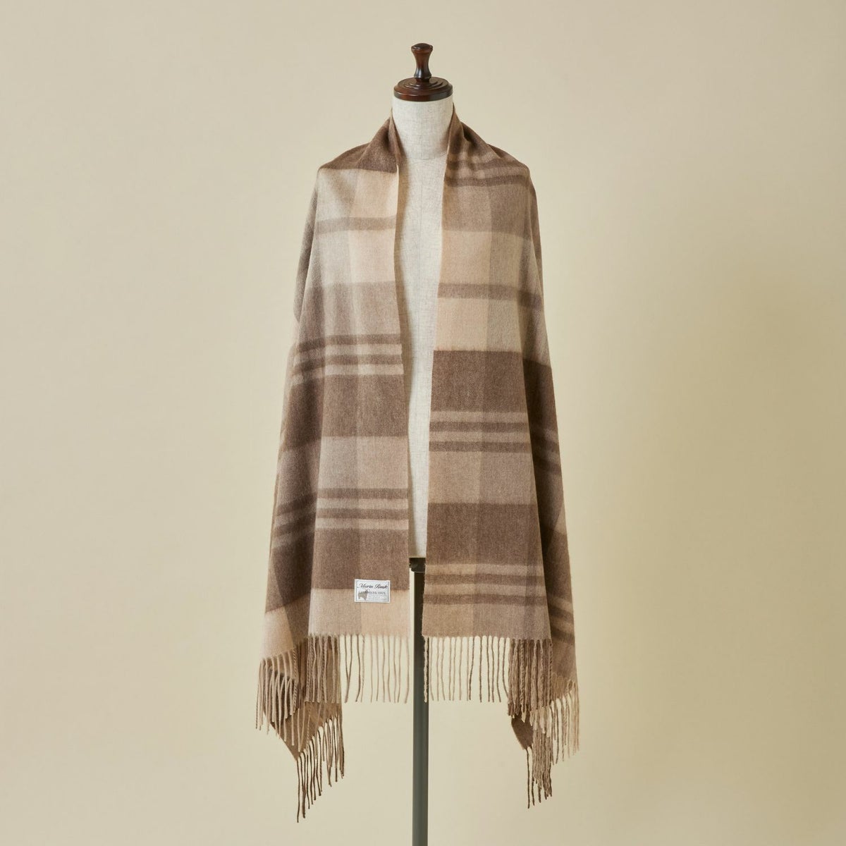 【無染色】カシミヤ100%大判チェックストール＜ブラウンチェック＞