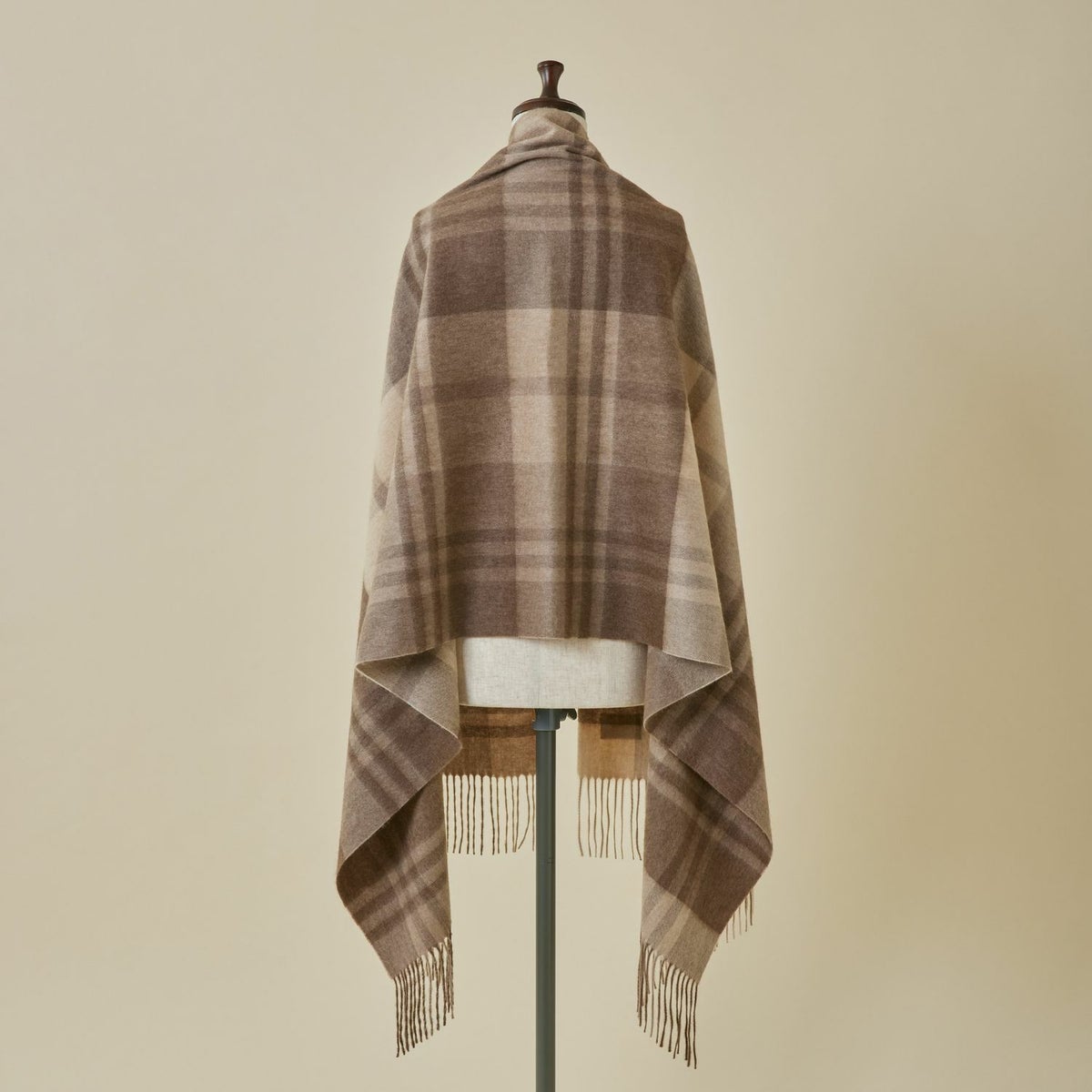 【無染色】カシミヤ100%大判チェックストール＜ブラウンチェック＞