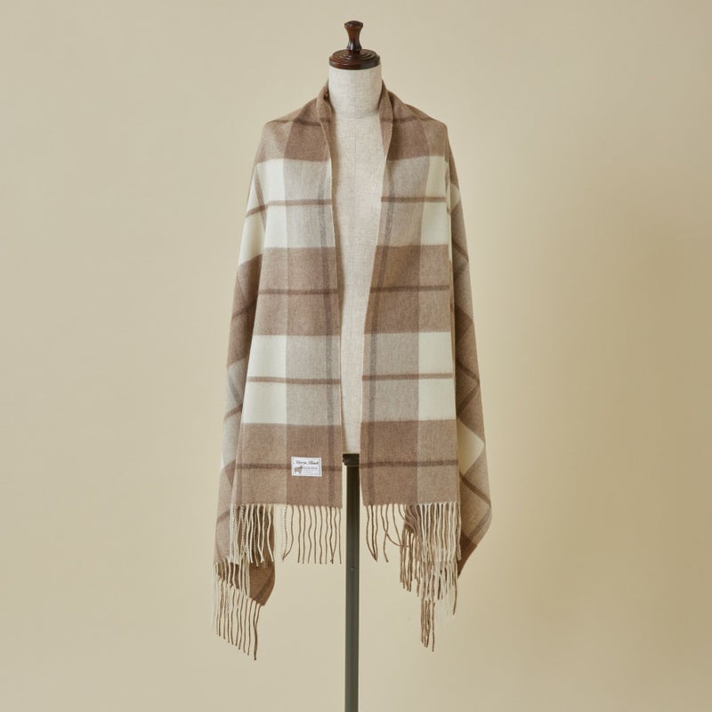 【無染色】カシミヤ100%大判チェックストール＜ブロックラインチェック＞