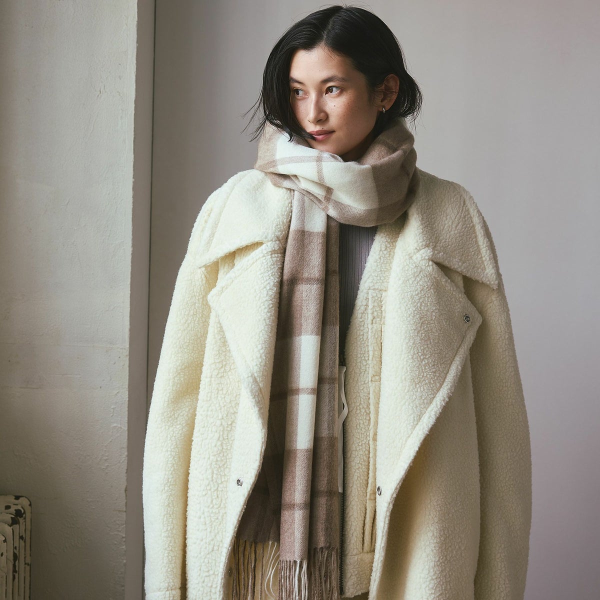 【無染色】カシミヤ100%大判チェックストール