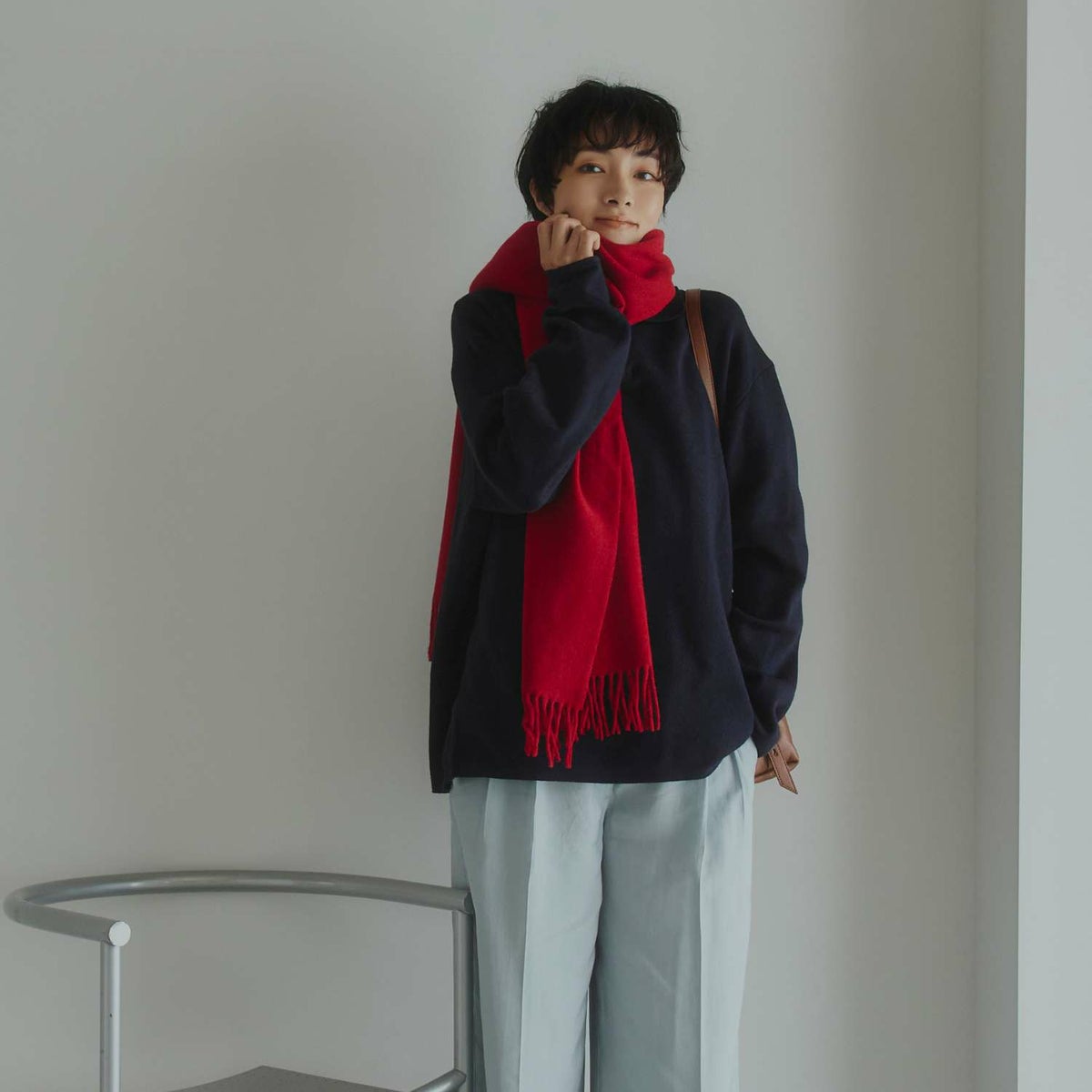 イタリア製カシミヤブレンド無地 ストール＜レッド＞