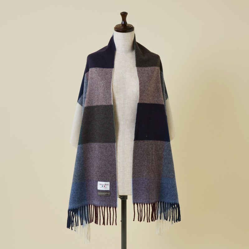 イタリア製 カシミヤブレンド ブロックチェックストール＜ネイビー＞