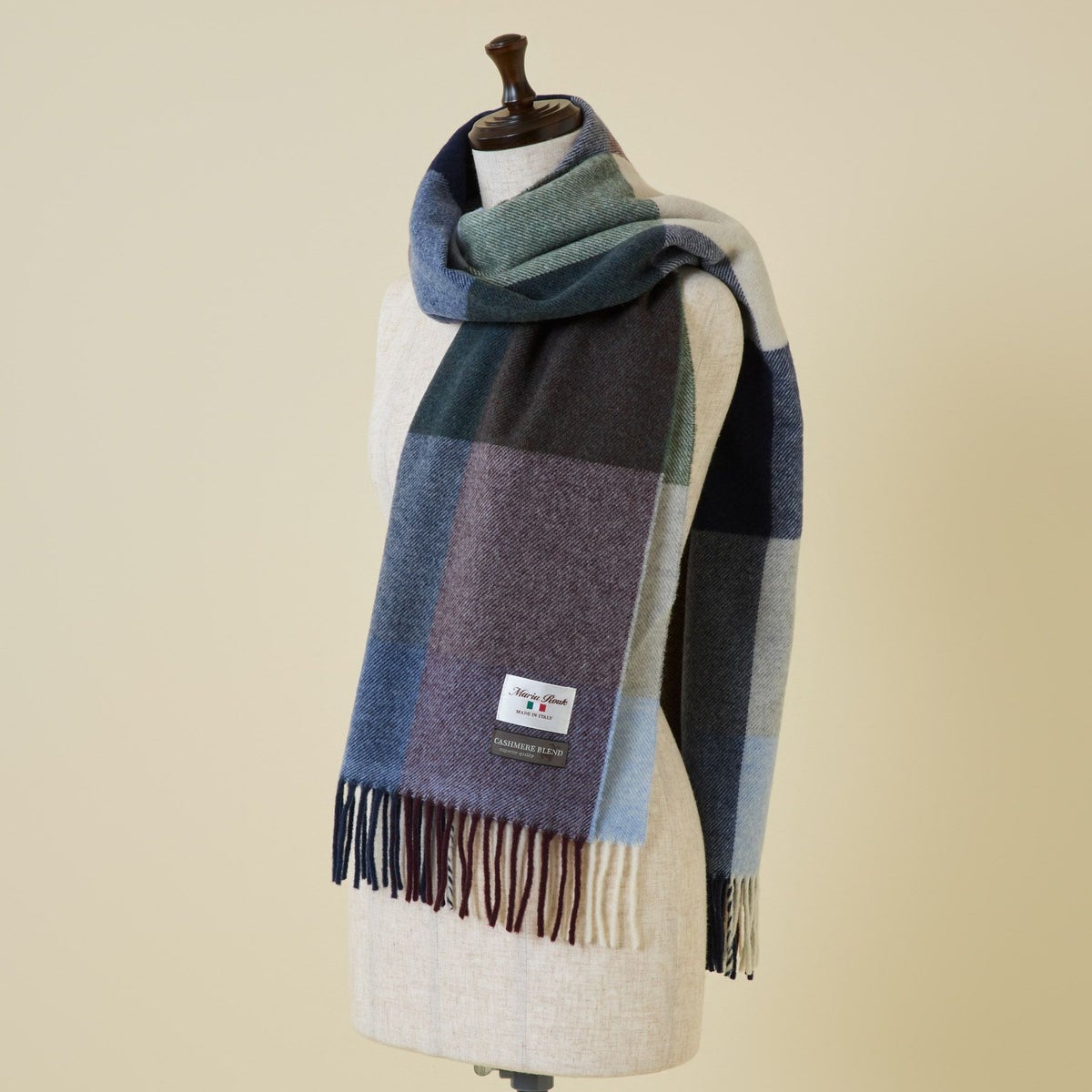 イタリア製 カシミヤブレンド ブロックチェックストール＜ネイビー＞