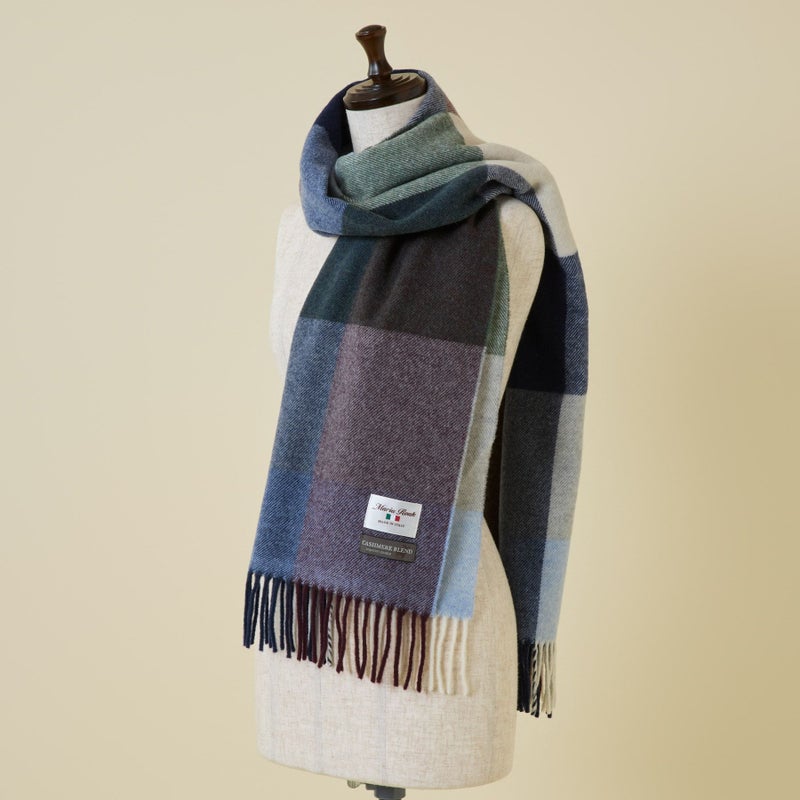 イタリア製 カシミヤブレンド ブロックチェックストール＜ネイビー＞