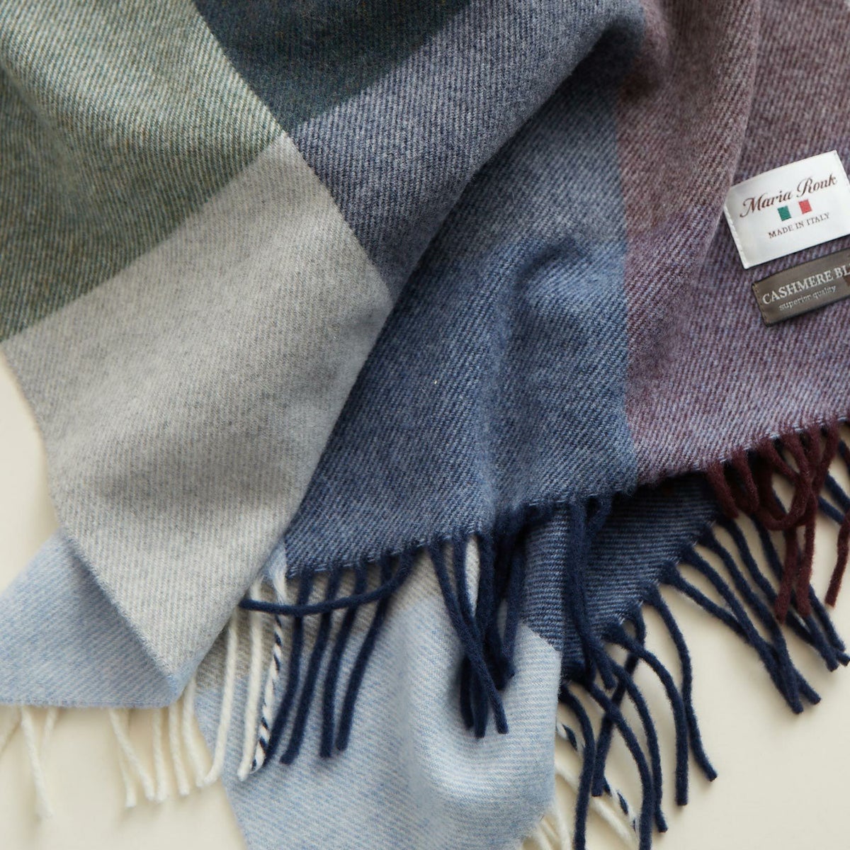 イタリア製 カシミヤブレンド ブロックチェックストール＜ネイビー＞