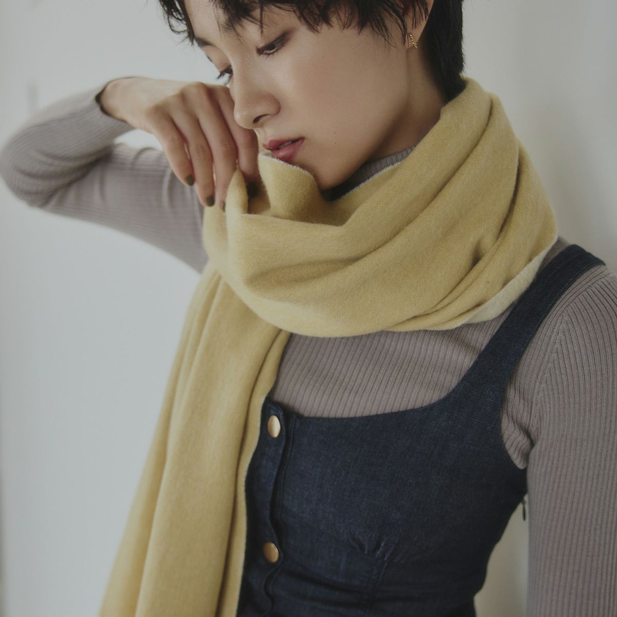  ウール100%大判無地リバーシブルストール＜イエロー＞