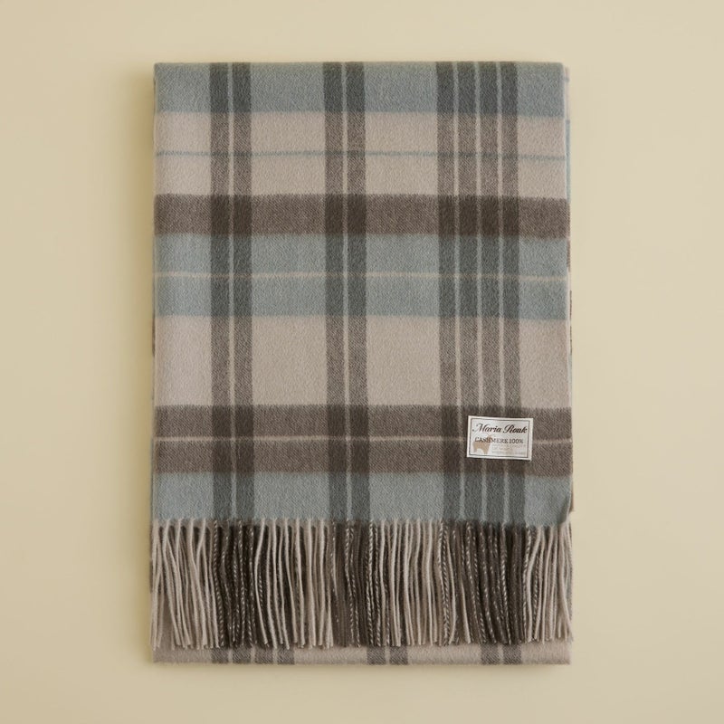 カシミヤ100%大判チェックストール＜ライトブルー×グレー＞