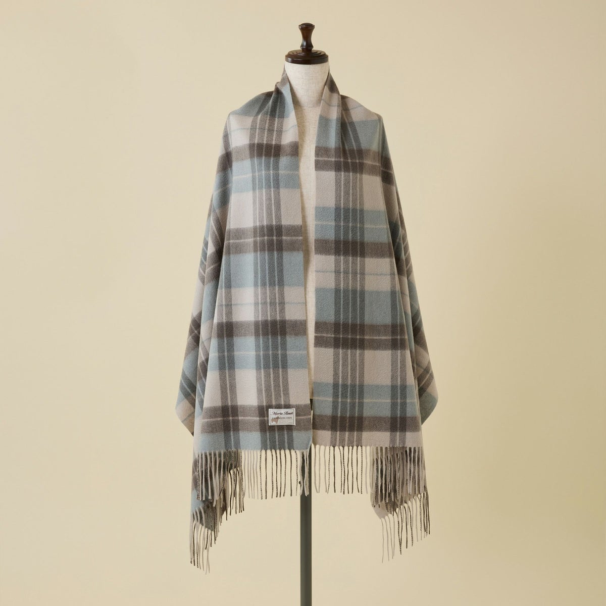 カシミヤ100%大判チェックストール＜ライトブルー×グレー＞