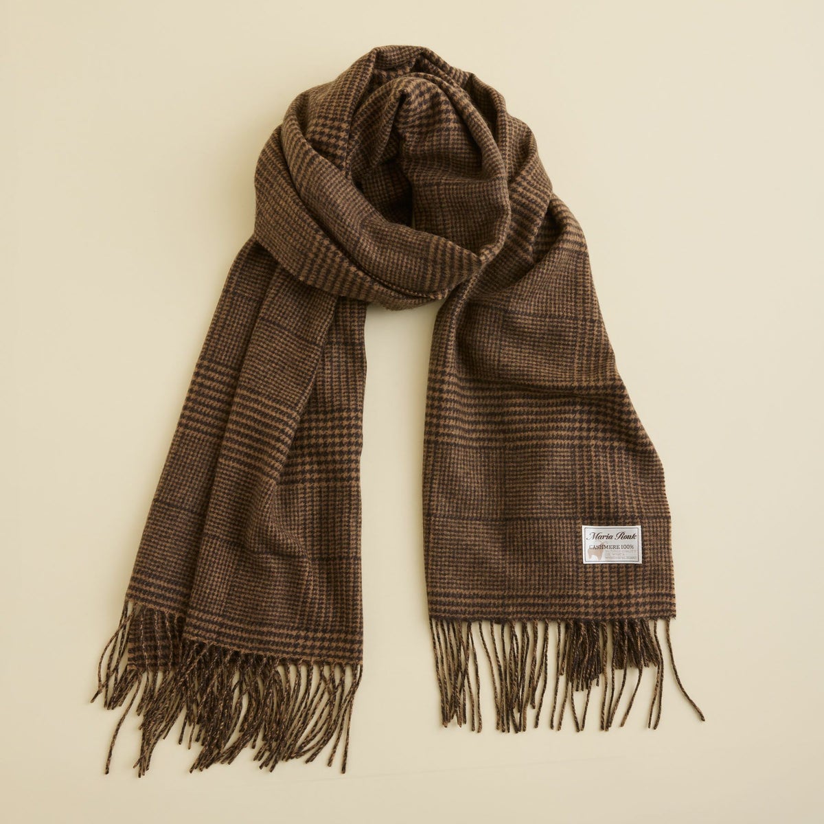 カシミヤ100%大判チェックストール＜ブラウン＞
