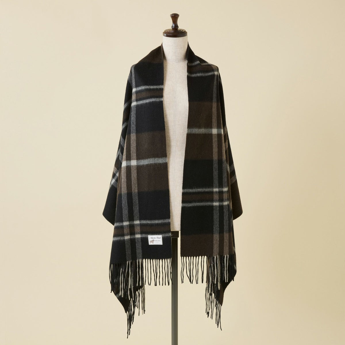 カシミヤ100%大判チェックストール＜ブラック＞