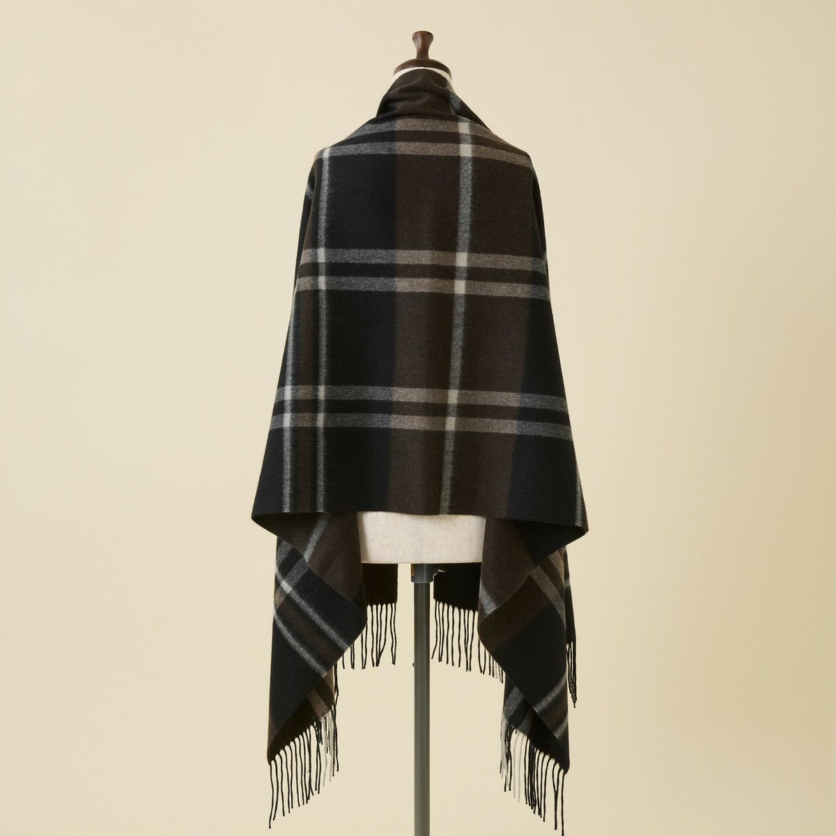 カシミヤ100%大判チェックストール＜ブラック＞