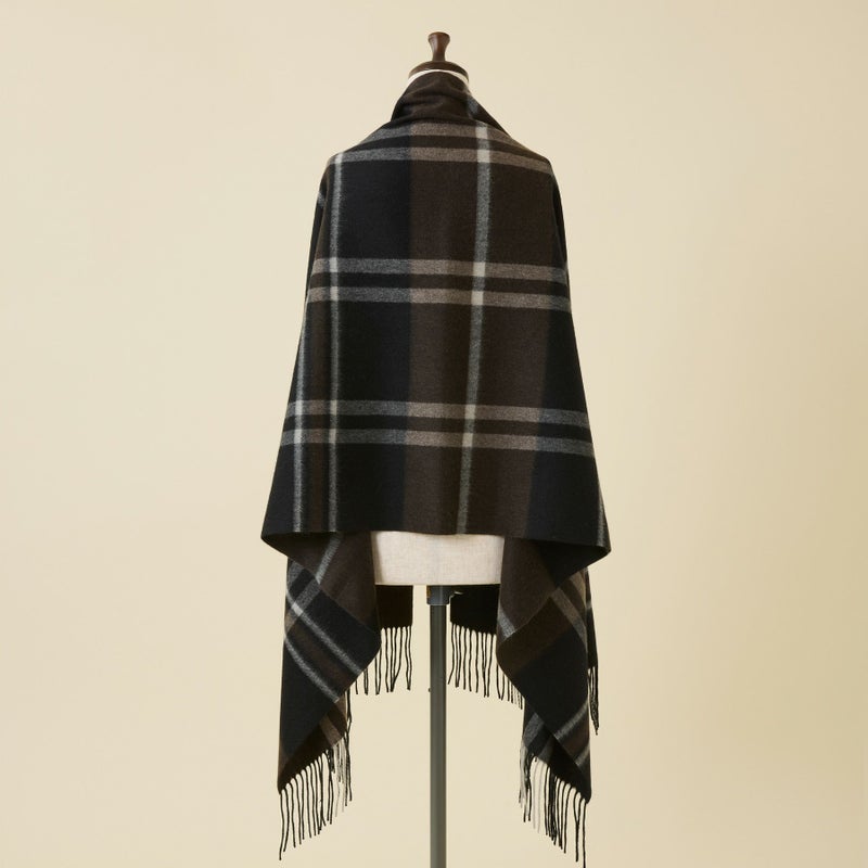 カシミヤ100%大判チェックストール＜ブラック＞