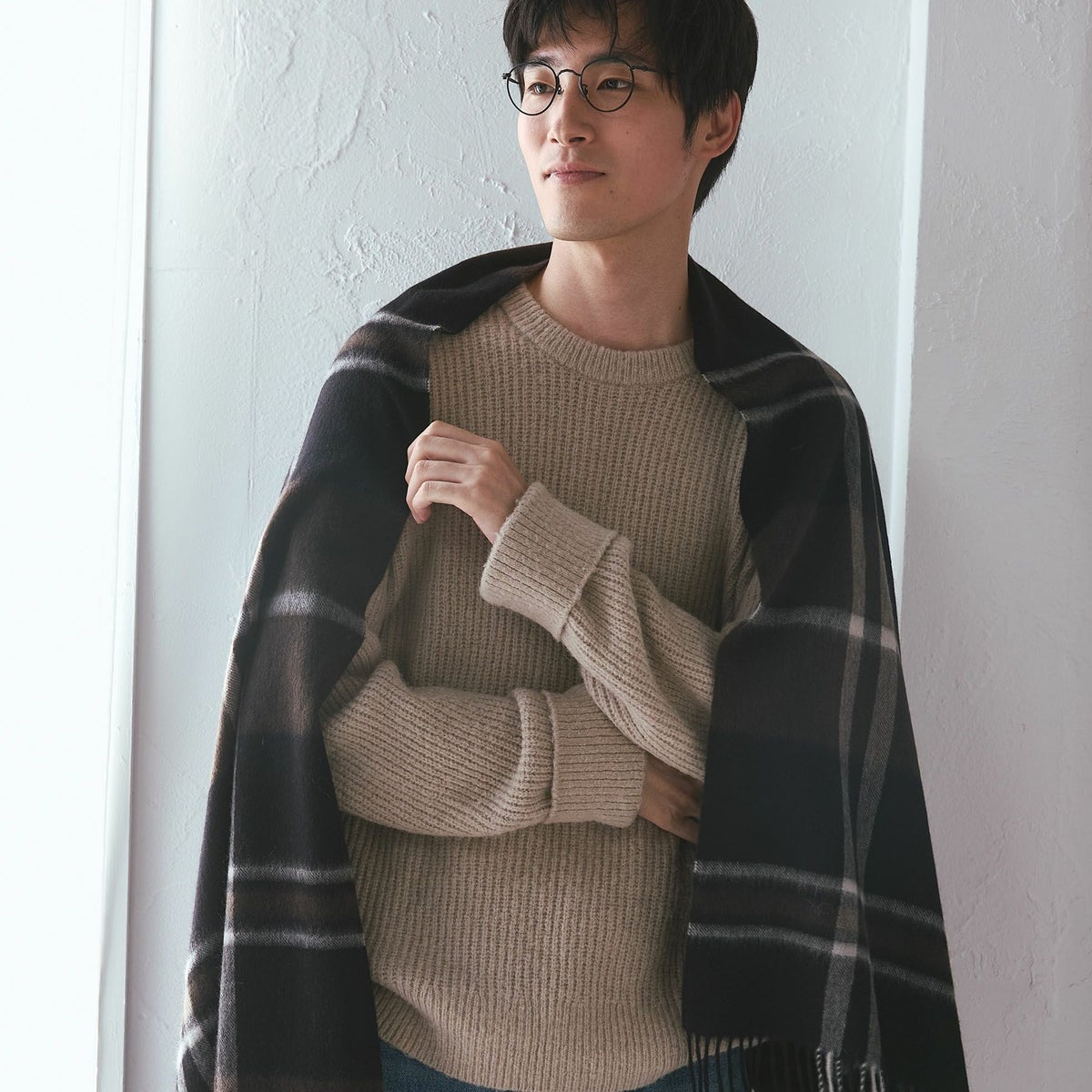 カシミヤ100%大判チェックストール＜ブラック＞