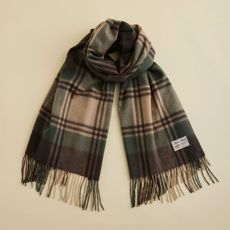 カシミヤ100%大判チェックストール＜カーキ＞