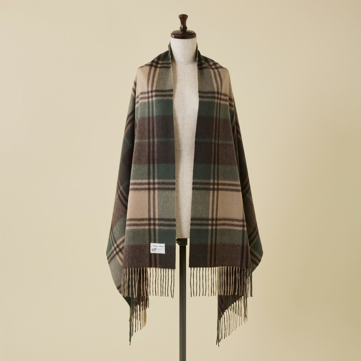 カシミヤ100%大判チェックストール＜カーキ＞