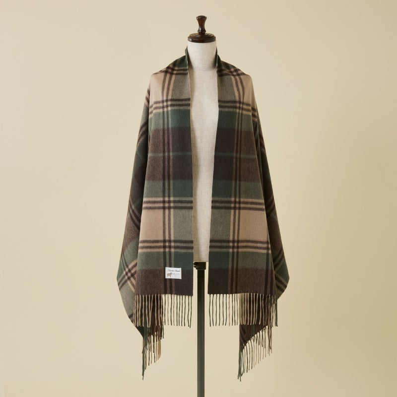 カシミヤ100%大判チェックストール＜カーキ＞