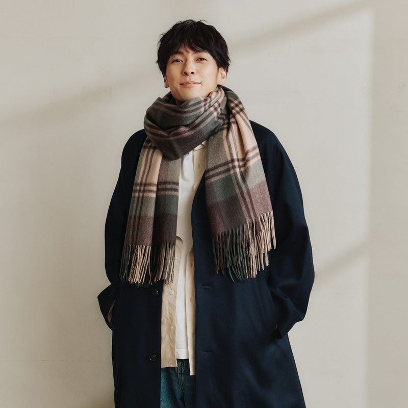 カシミヤ100%大判チェックストール＜カーキ＞