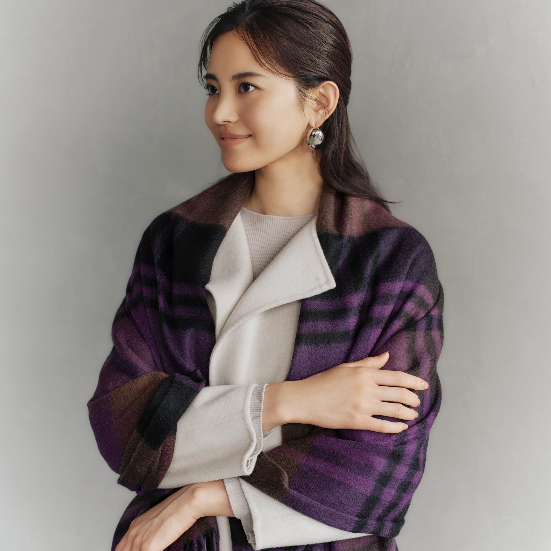 美品✨カシミヤ50% カシュクール風 ウール　ショールカラー ニット L 紫 ウォッシャブルカシミヤカラーブロックストール(マフラー・ストール