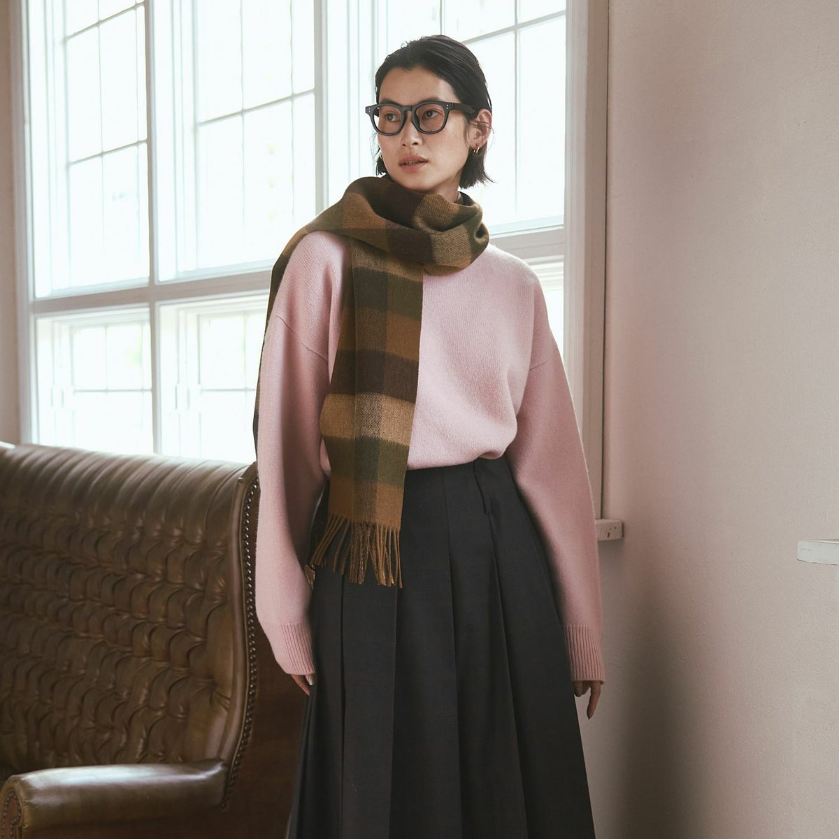 カシミヤブレンドチェックリバーシブルマフラー