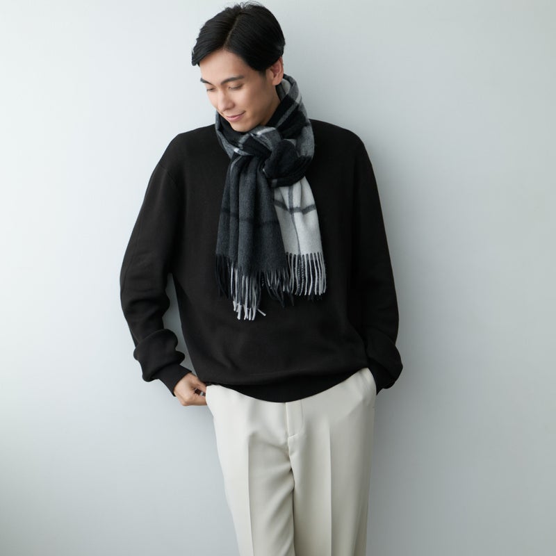 カシミヤ100%チェックストールのグレー