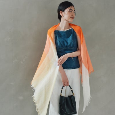 日本製コットンスクエアチェックストール　オレンジの写真