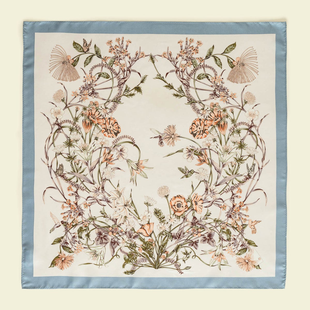 シルク100％ ボタニカルスカーフのブルー