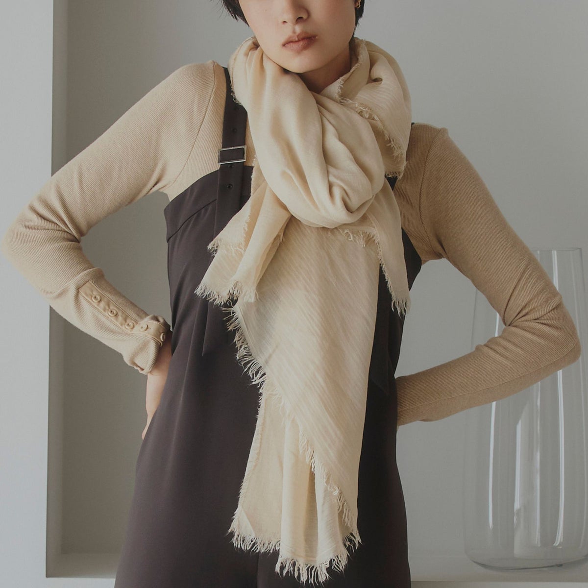イタリア製大判モダールカシミヤストールのアイボリー