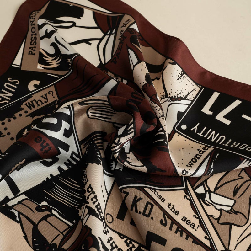 アメコミスカーフ＜ブラウン＞　シルク100%　日本製