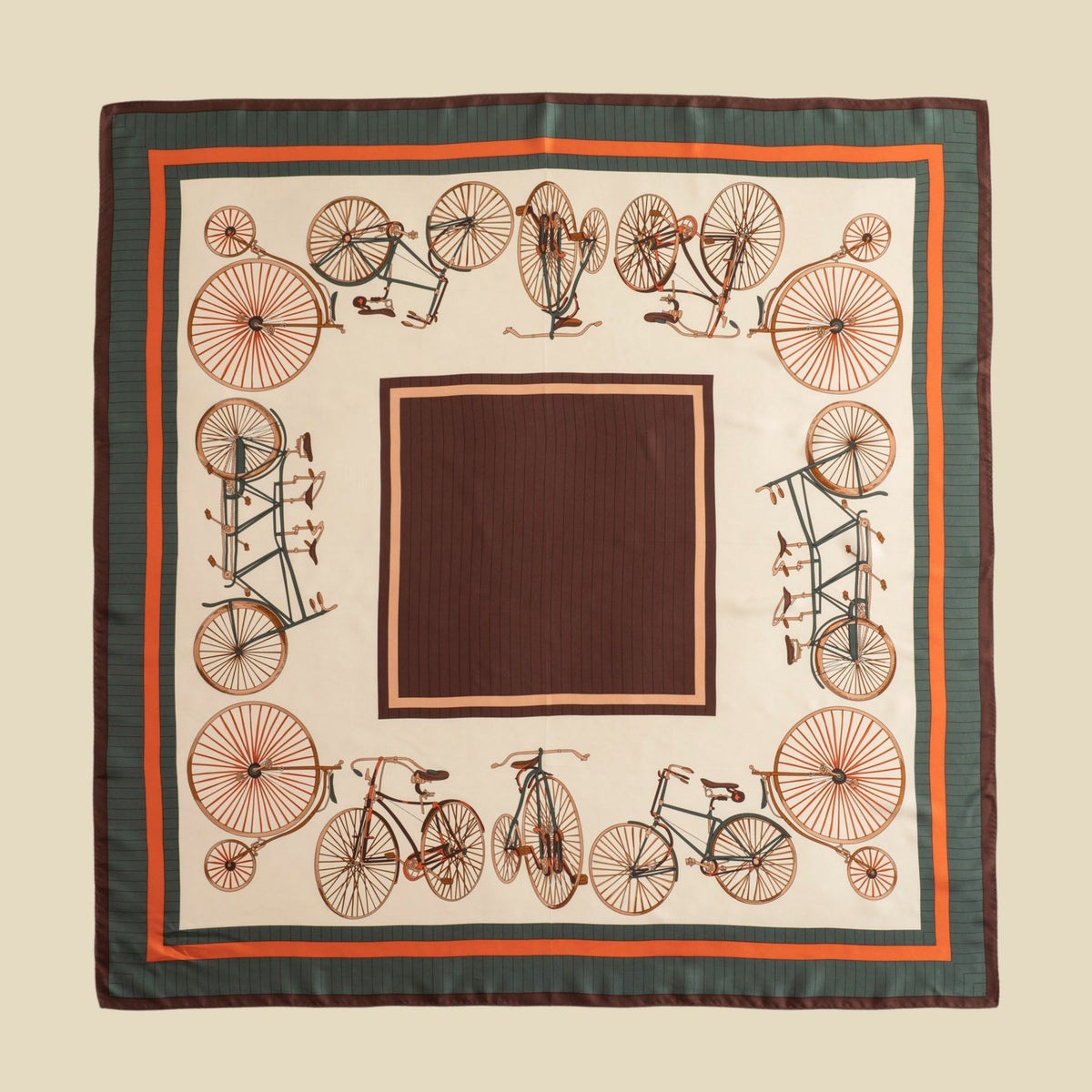 自転車柄スカーフ＜ブラウン＞　シルク100%　日本製