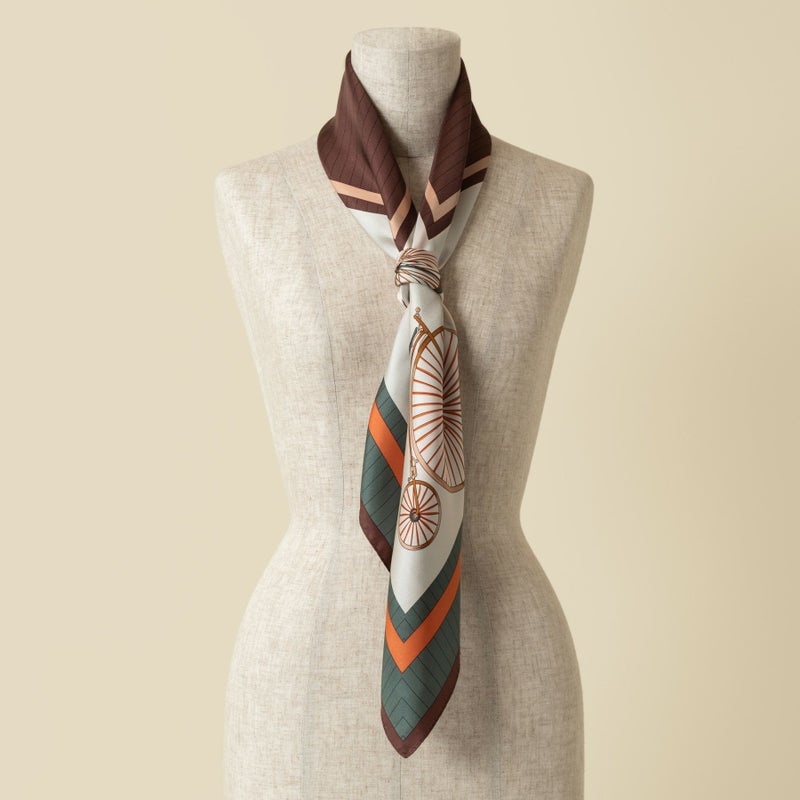 自転車柄スカーフ＜ブラウン＞　シルク100%　日本製