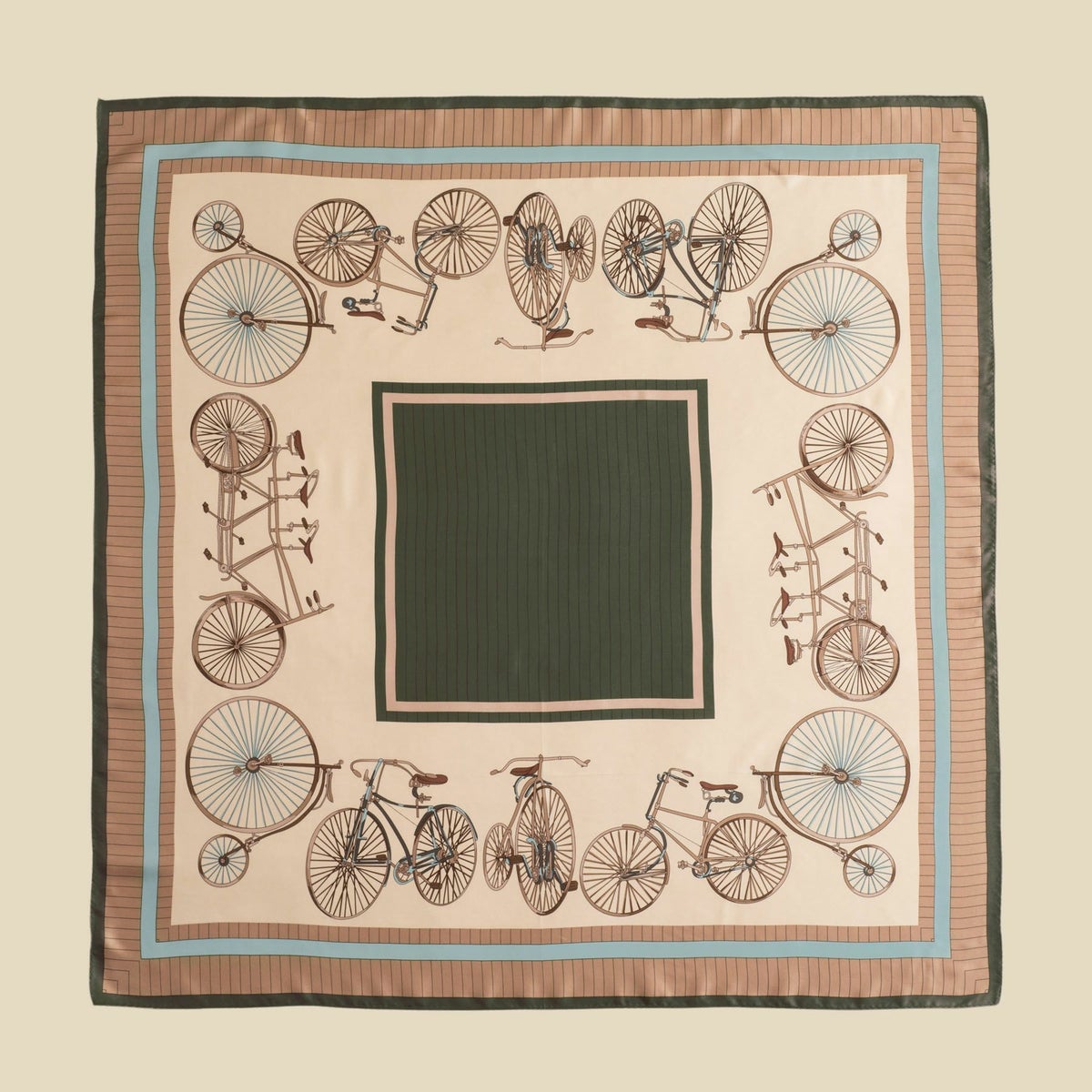 シルク100％　自転車柄スカーフのカーキ