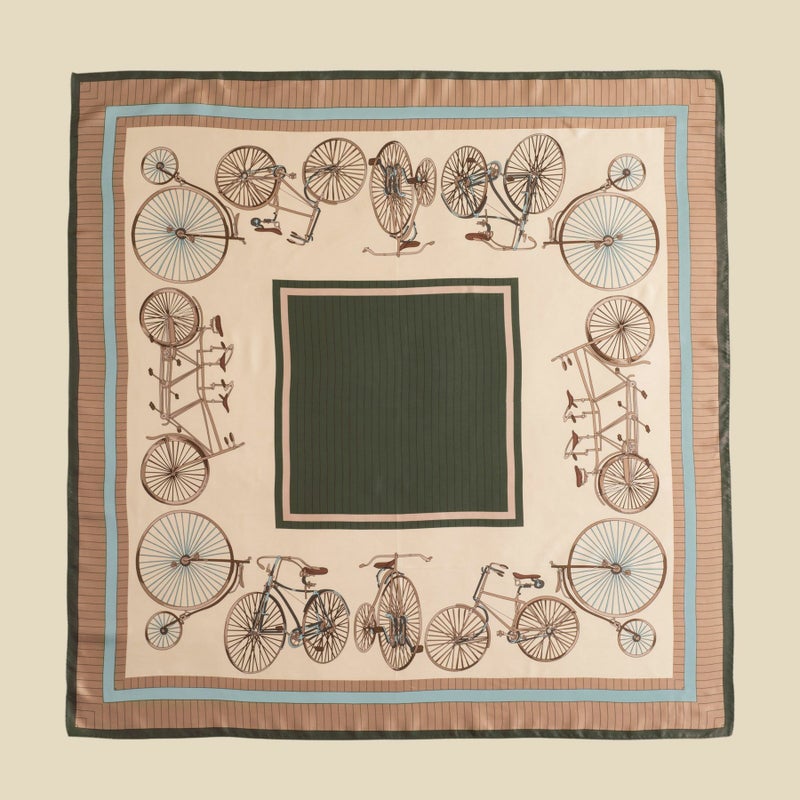 シルク100％　自転車柄スカーフのカーキ