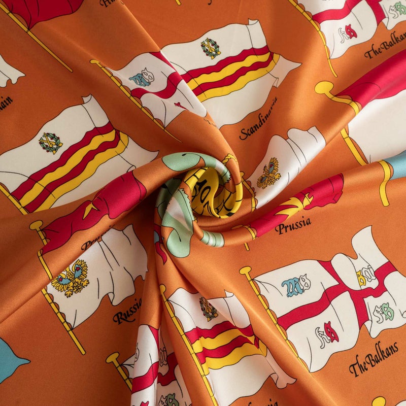 旗柄スカーフ＜ブラウン＞　シルク100%　日本製