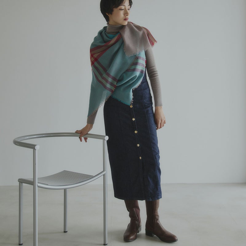  カシミヤブレンドスクエア大判チェックストール 日本製＜モカ＞