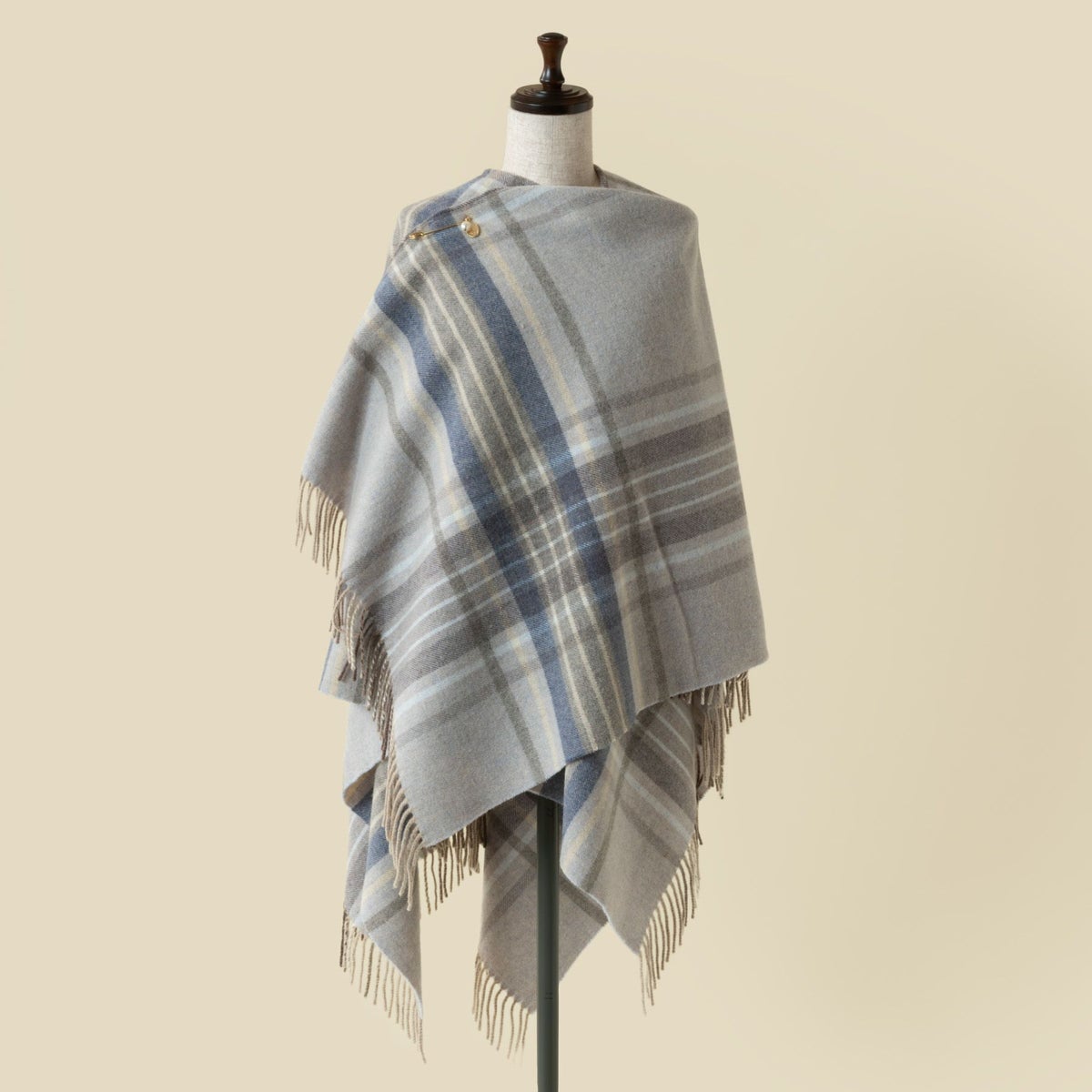  イタリア製ウール100％ 杢チェックケープ＜ブルー＞