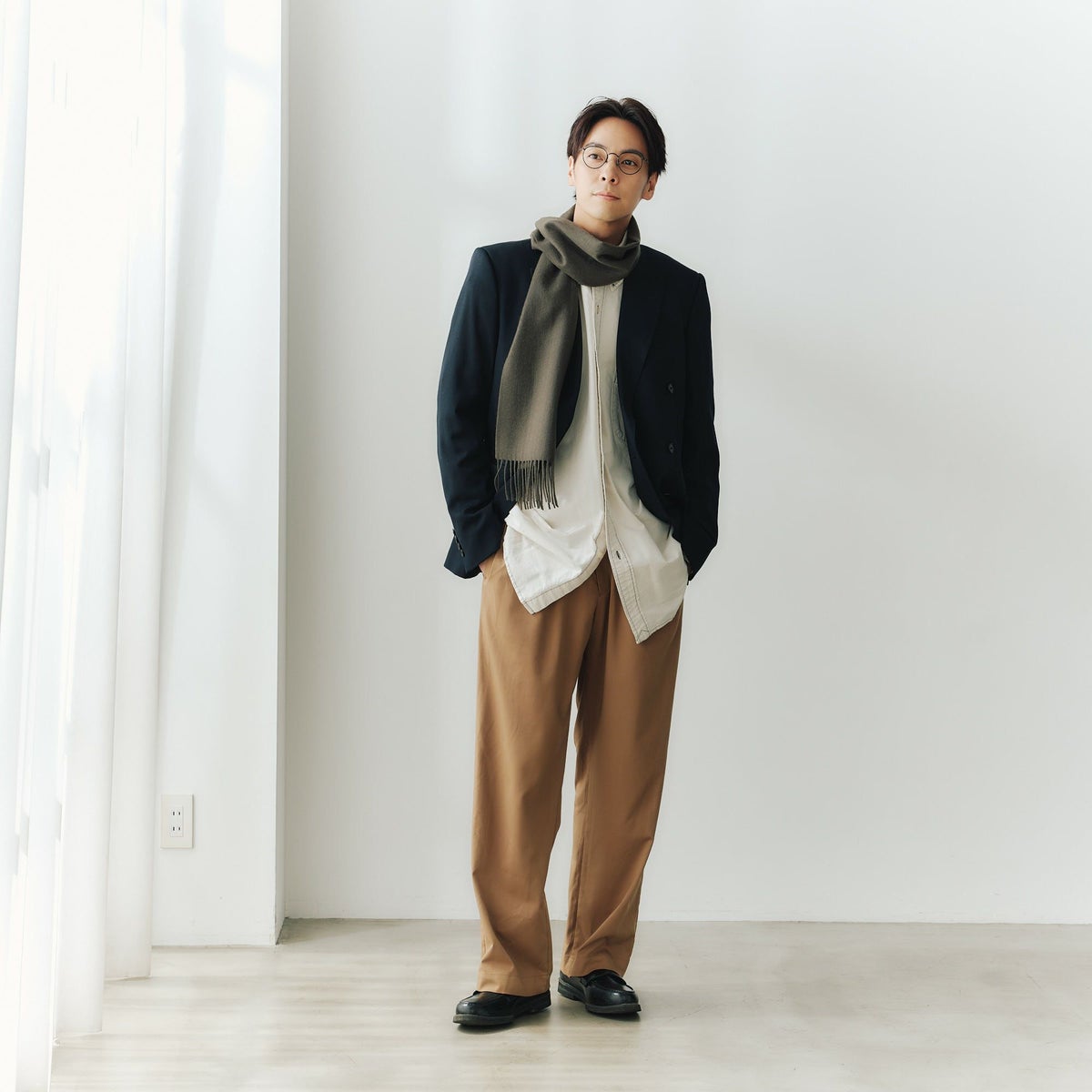  カシミヤ100%無地マフラー＜グレイカーキ＞