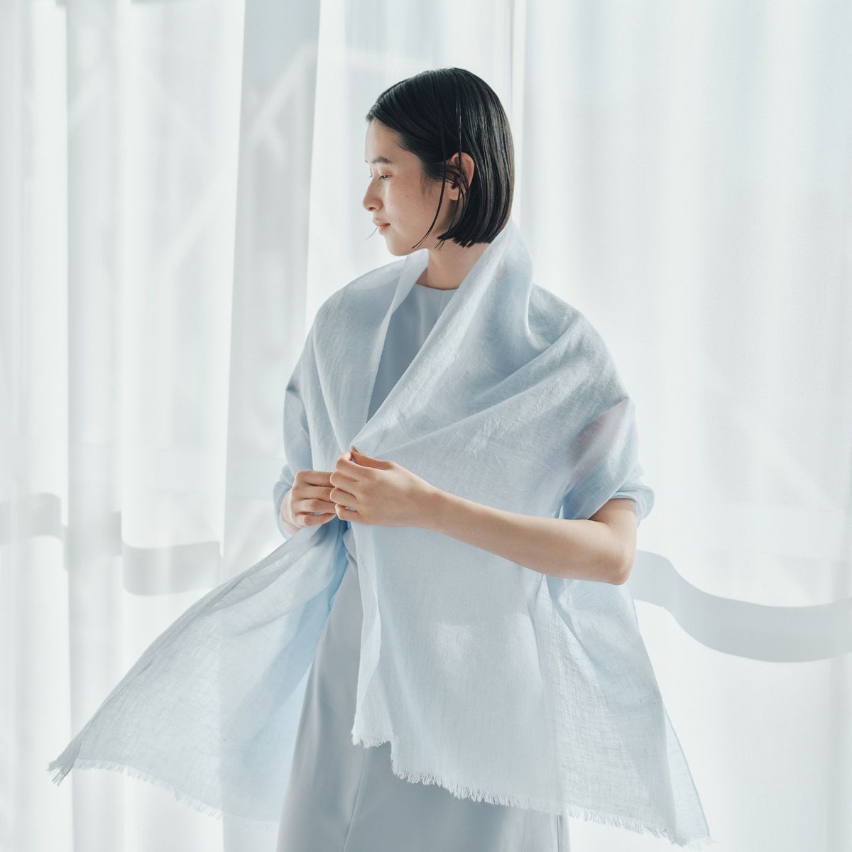 カシミヤリネンストール＜ブルー＞