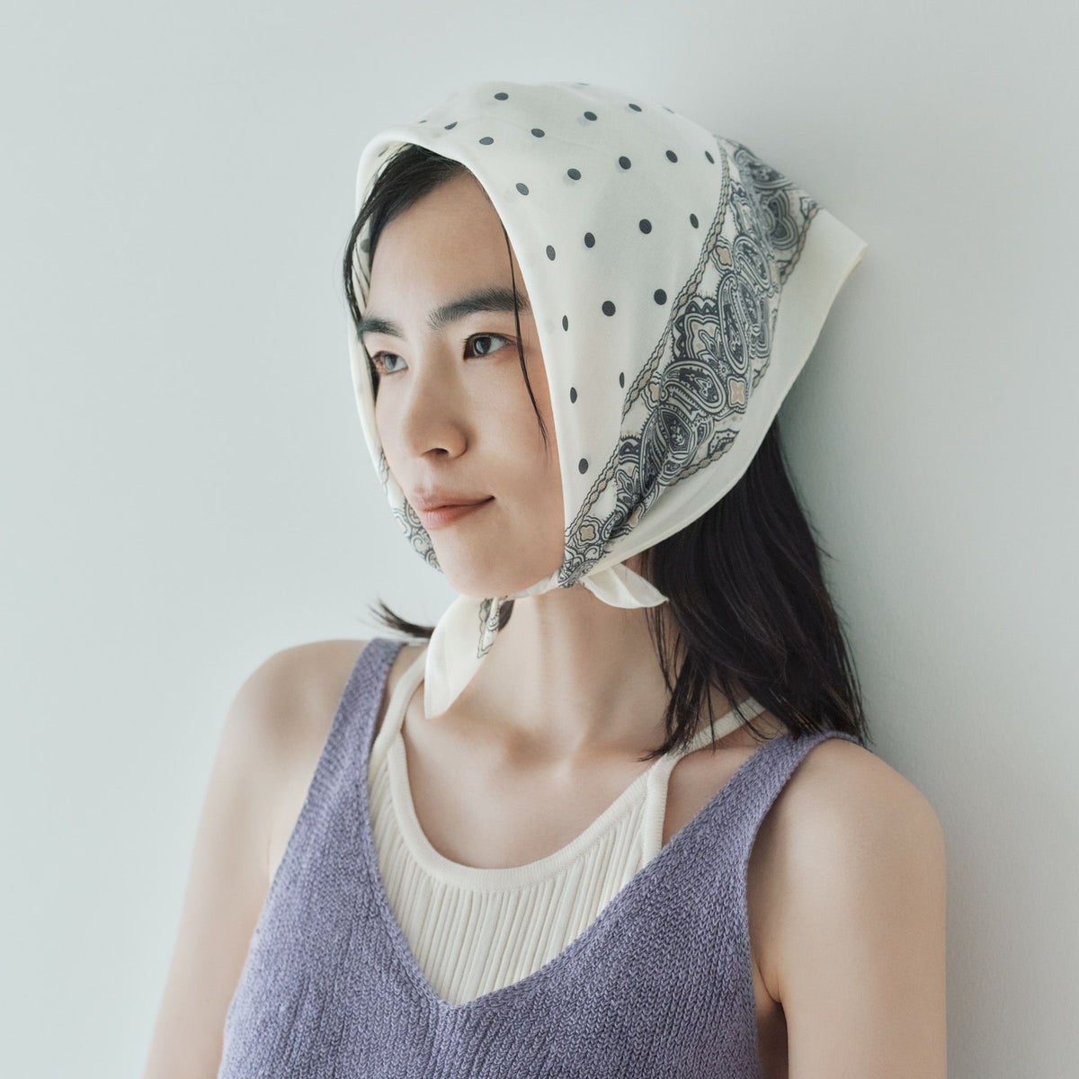 シルク綿ペイズリーウォッシャブルスカーフ＜アイボリー＞　日本製