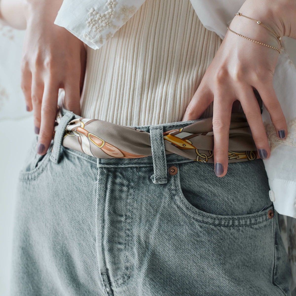 ベルト柄ウォッシャブルスカーフ＜ベージュ＞　イタリア製