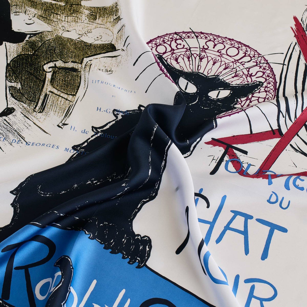 ロートレックCATスカーフ＜ライトグレー＞　シルク100%　日本製