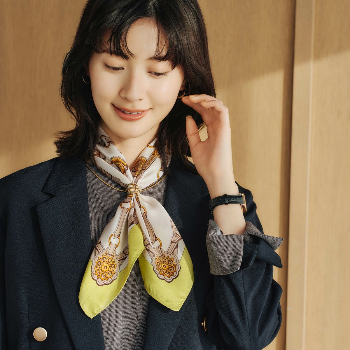 チェーン柄スカーフ＜ライム＞　シルク100%　日本製